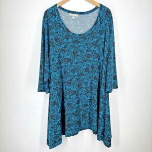 Woman Within Plus Womens Size 26 28 2x Blue Paisley Asymmetrical Hem Top Stretch